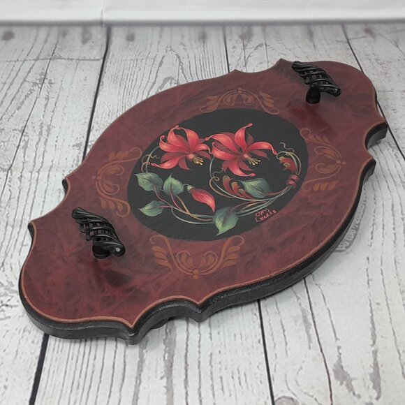 Wood Tray Hand Painted Floral Metal Handles Footed Artist Signed - Picture 1 of 11
